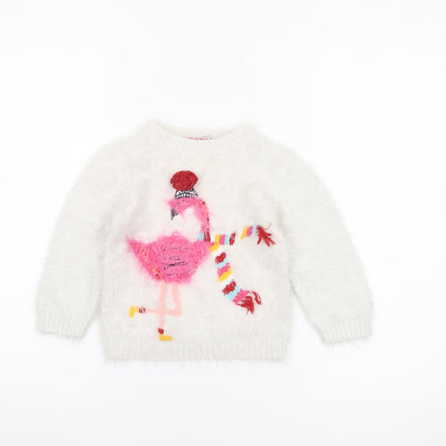 Nutmeg Girls Ivory Fuzzy Pullover Jumper 2-3 Years Pink Flamingo Winter Knit