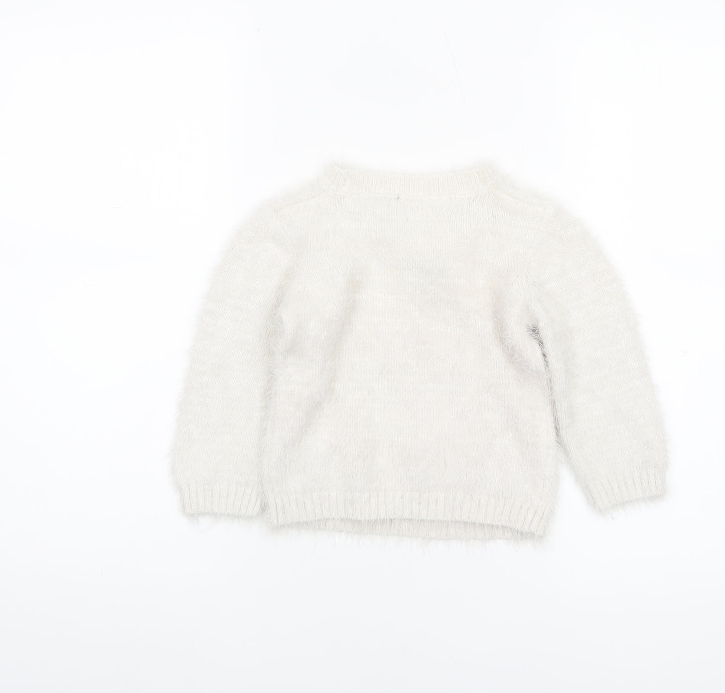 Nutmeg Girls Ivory Fuzzy Pullover Jumper 2-3 Years Pink Flamingo Winter Knit