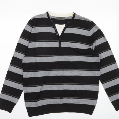 Burton Men’s Black Grey Striped Henley Jumper Size L Acrylic Knit