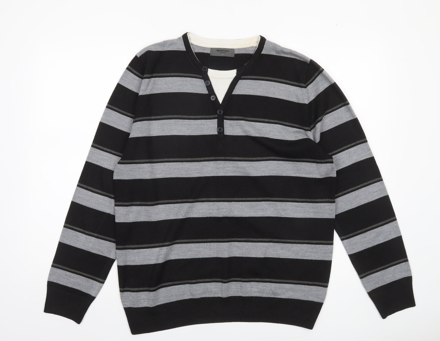 Burton Men’s Black Grey Striped Henley Jumper Size L Acrylic Knit