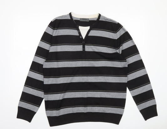 Burton Men’s Black Grey Striped Henley Jumper Size L Acrylic Knit