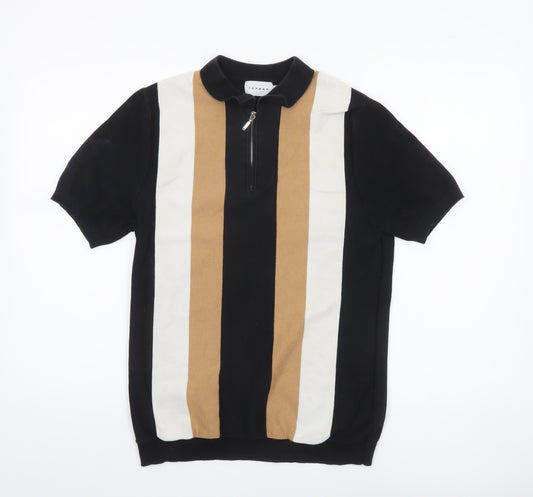 Topman Men’s Black Striped Short Sleeve 1/4 Zip Polo Shirt Size S