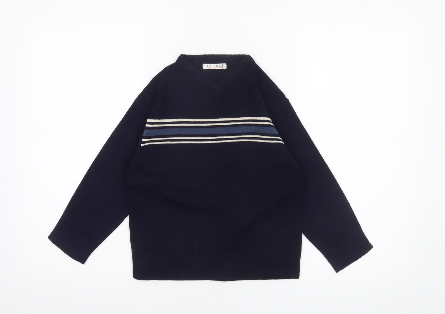 George Boys Navy Striped V-Neck Jumper 5-6 Years Acrylic Knit