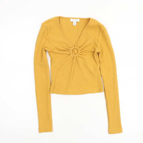 Topshop Women Yellow V-Neck Ribbed Slim Fit Long Sleeve Jumper Size 6