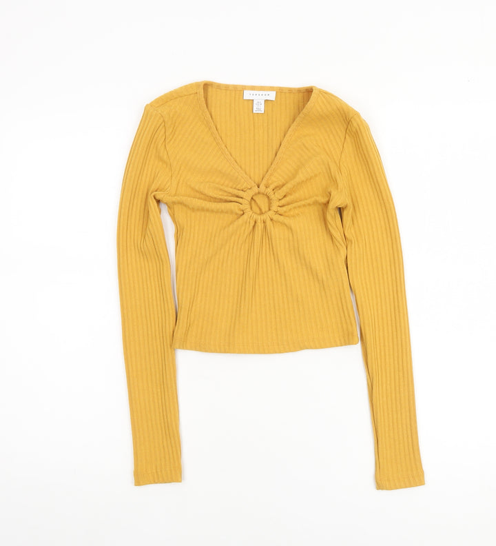 Topshop Women Yellow V-Neck Ribbed Slim Fit Long Sleeve Jumper Size 6