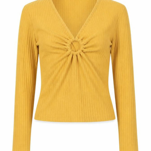 Topshop Women Yellow V-Neck Ribbed Slim Fit Long Sleeve Jumper Size 6