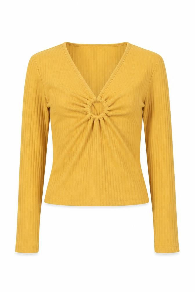 Topshop Women Yellow V-Neck Ribbed Slim Fit Long Sleeve Jumper Size 6