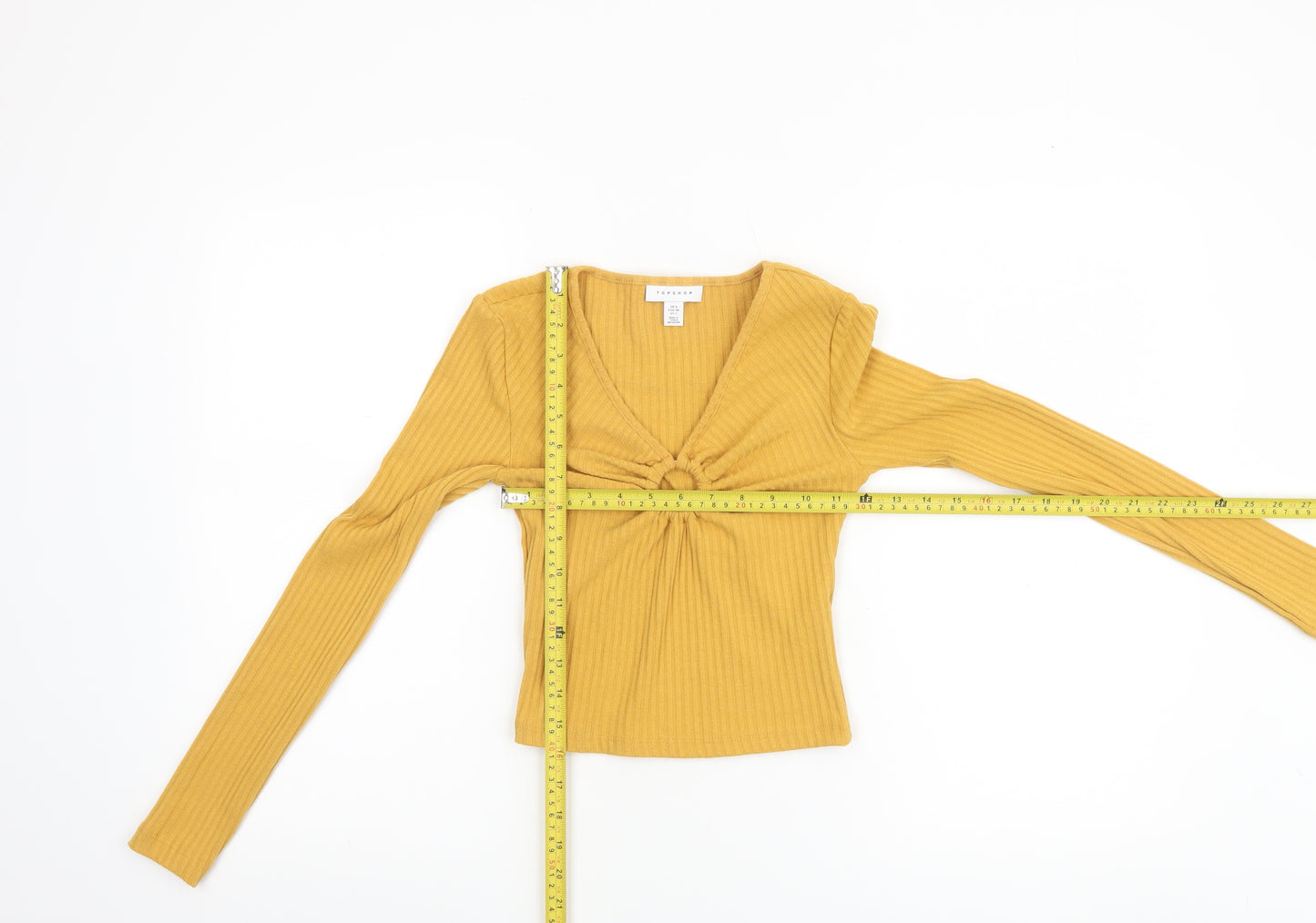 Topshop Women Yellow V-Neck Ribbed Slim Fit Long Sleeve Jumper Size 6