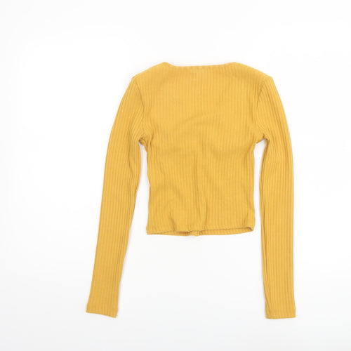 Topshop Women Yellow V-Neck Ribbed Slim Fit Long Sleeve Jumper Size 6