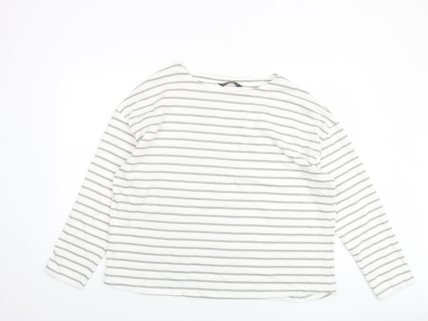 Dunnes Women’s White Grey Striped Long Sleeve Cotton T-Shirt Size L