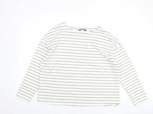 Dunnes Women’s White Grey Striped Long Sleeve Cotton T-Shirt Size L
