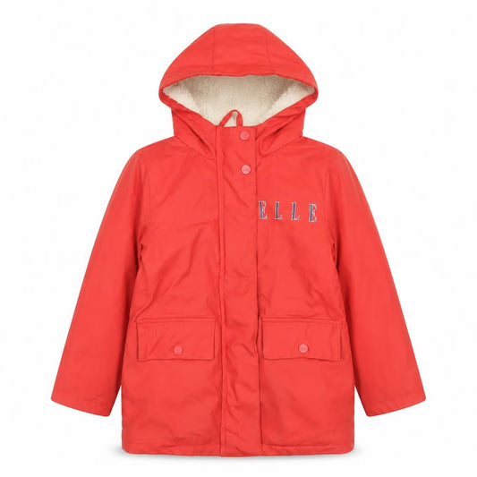 Front view of ELLE girls’ red hooded lined rain coat 5-6 years waterproof mid-length jacket