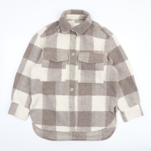 H&M Men Beige Check Fleece Shacket Jacket XS Regular Fit