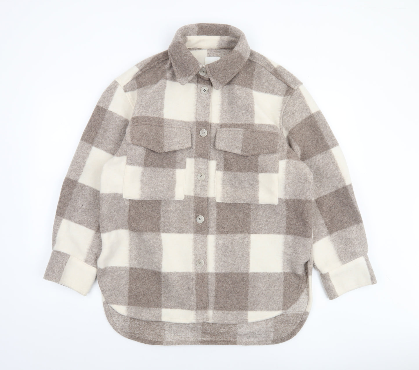 H&M Men Beige Check Fleece Shacket Jacket XS Regular Fit