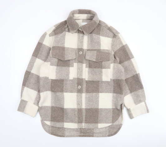 H&M Men Beige Check Fleece Shacket Jacket XS Regular Fit