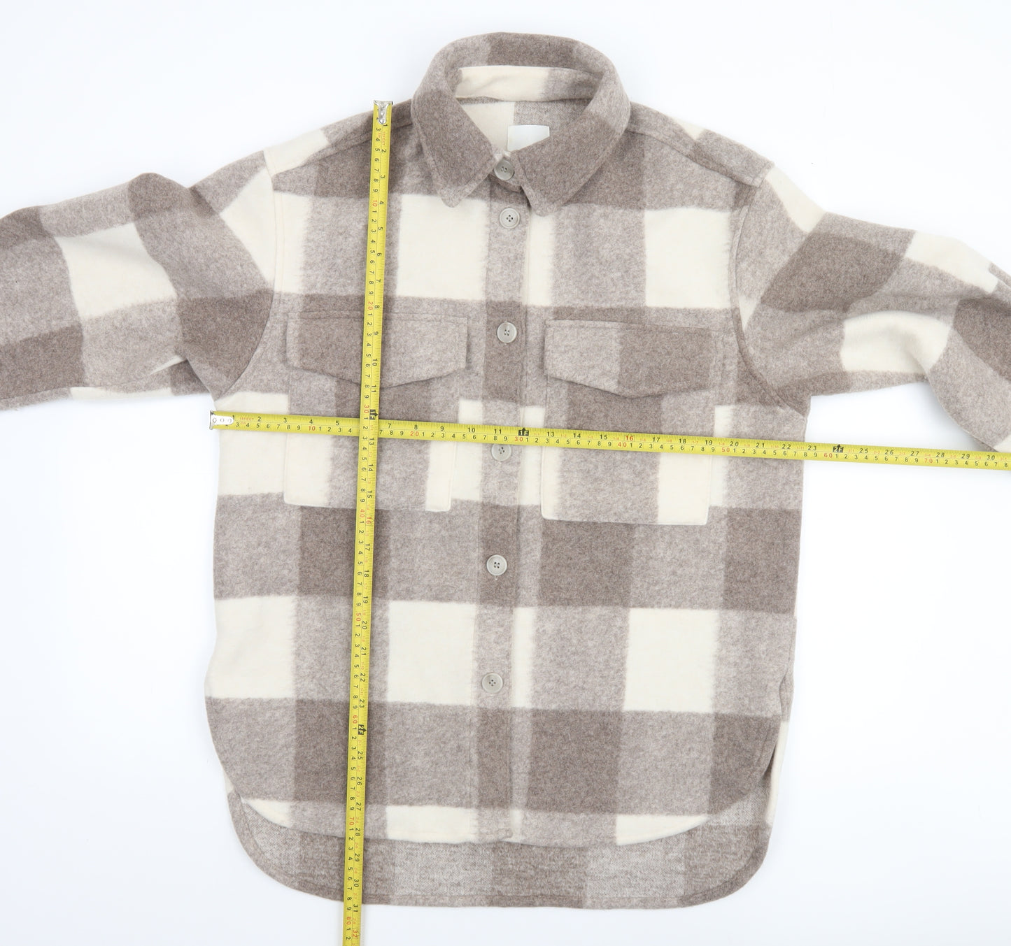 H&M Men Beige Check Fleece Shacket Jacket XS Regular Fit