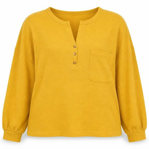 Apricot Women Yellow Button Henley Relaxed Knit Blouse Size 14