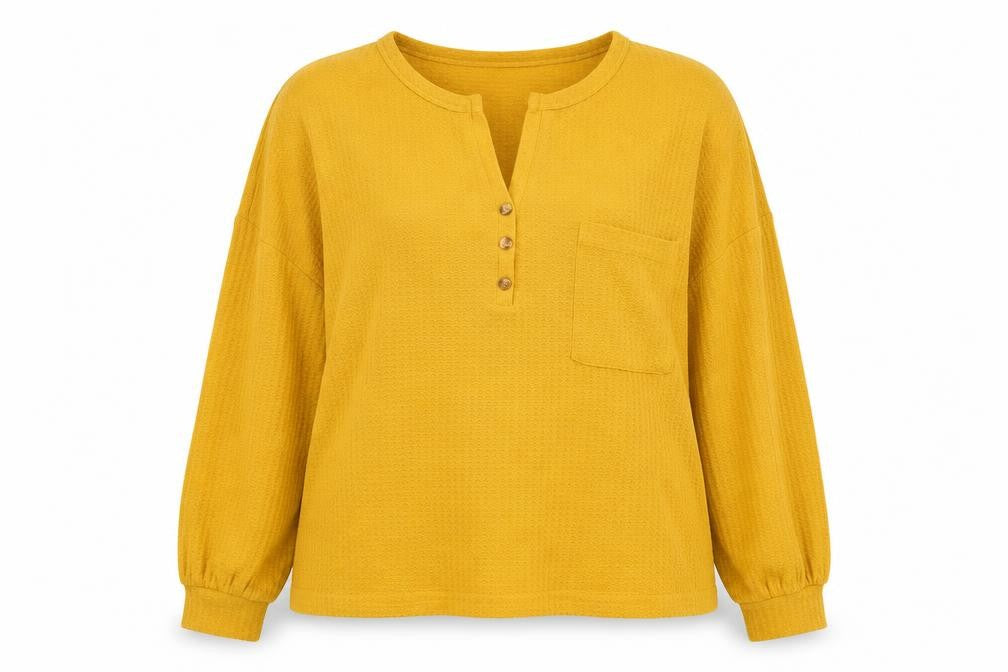 Apricot Women Yellow Button Henley Relaxed Knit Blouse Size 14
