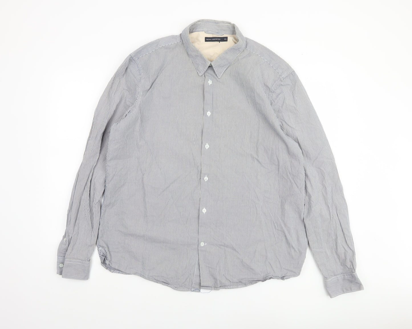 French Connection Men’s Blue Striped 2XL Cotton Long Sleeve Dress Shirt