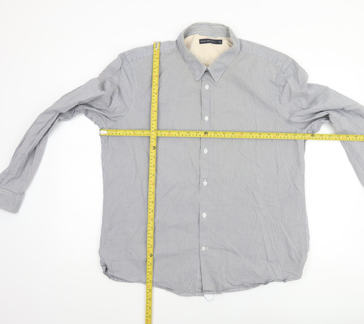 French Connection Men’s Blue Striped 2XL Cotton Long Sleeve Dress Shirt