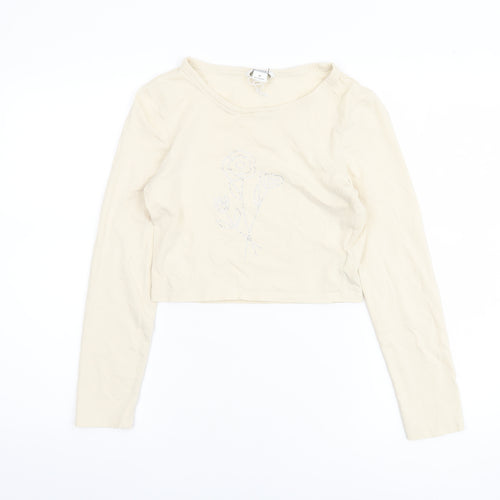 Monki Women Beige Cropped Long Sleeve Rhinestone T-Shirt M