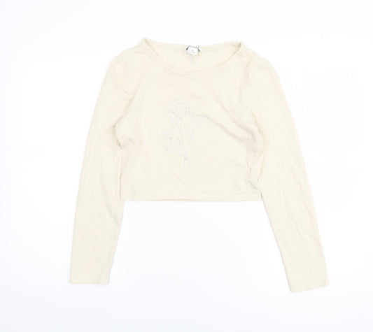 Monki Women Beige Cropped Long Sleeve Rhinestone T-Shirt M