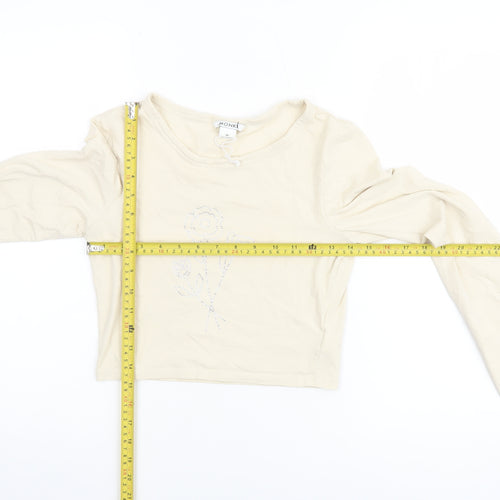 Monki Women Beige Cropped Long Sleeve Rhinestone T-Shirt M