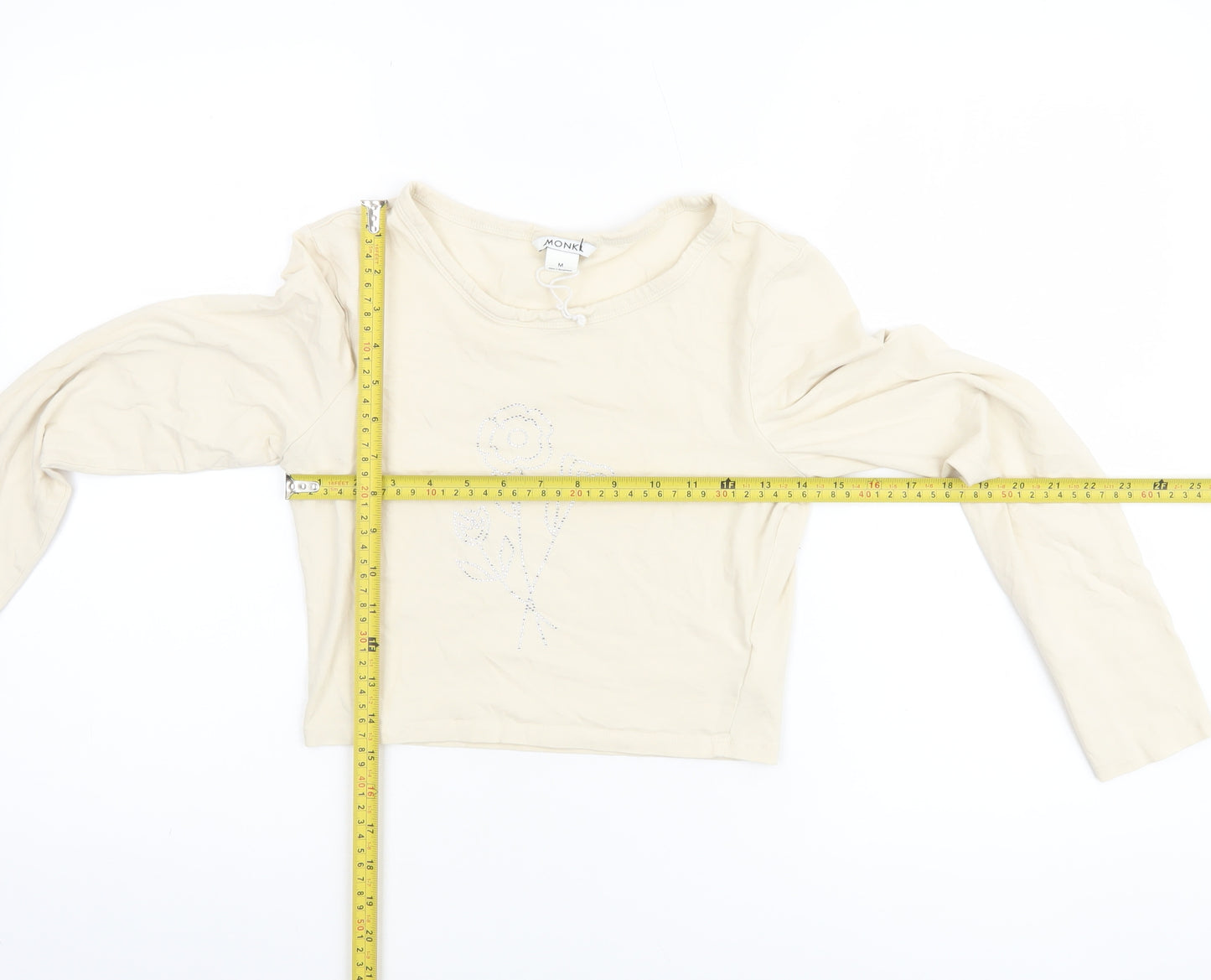 Monki Women Beige Cropped Long Sleeve Rhinestone T-Shirt M