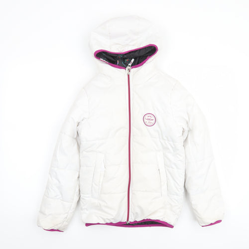 Decathlon Girls White Hooded Puffer Jacket 8 Years Winter Lined Zip Coat