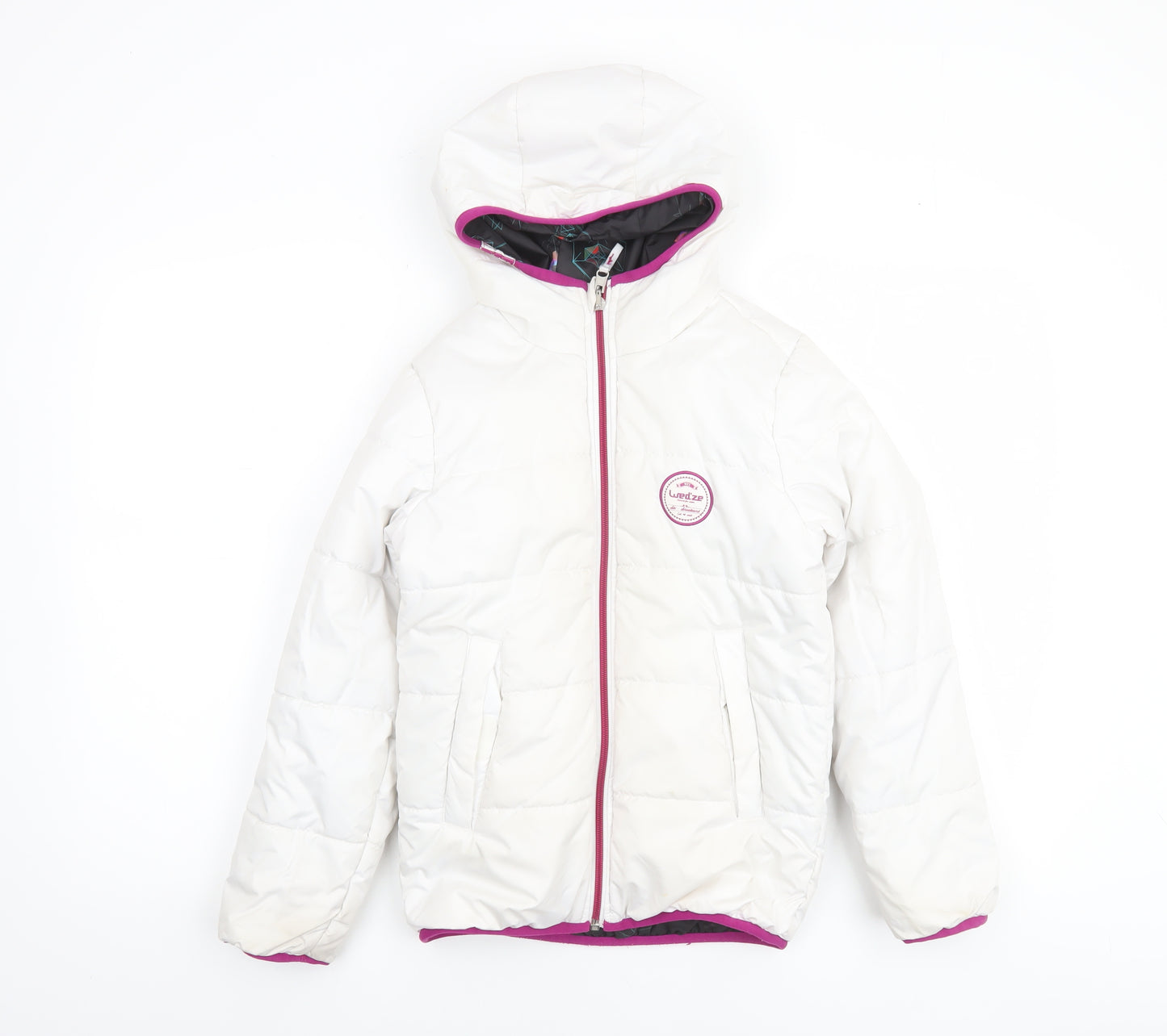 Decathlon Girls White Hooded Puffer Jacket 8 Years Winter Lined Zip Coat