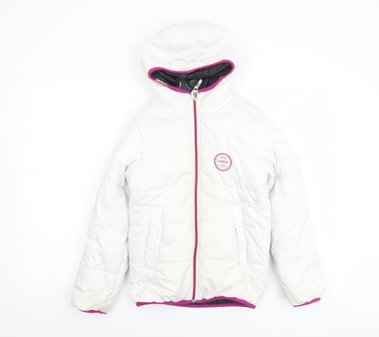 Decathlon Girls White Hooded Puffer Jacket 8 Years Winter Lined Zip Coat