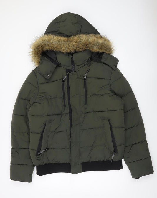 River Island Men's Green Puffer Jacket M Hooded Faux Fur Trim Winter Coat