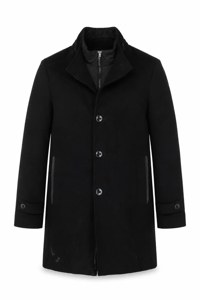 Front view of WEIS Men's Black Regular Fit Mid-Length Overcoat, size 50