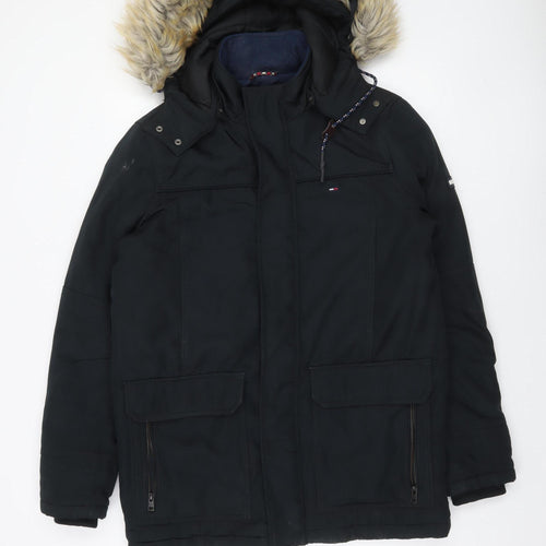 Tommy Hilfiger Men's Black Parka Jacket M Hooded Faux Fur Trim Winter Coat