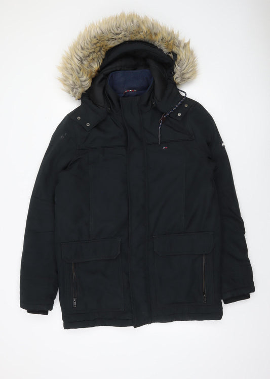 Tommy Hilfiger Men's Black Parka Jacket M Hooded Faux Fur Trim Winter Coat