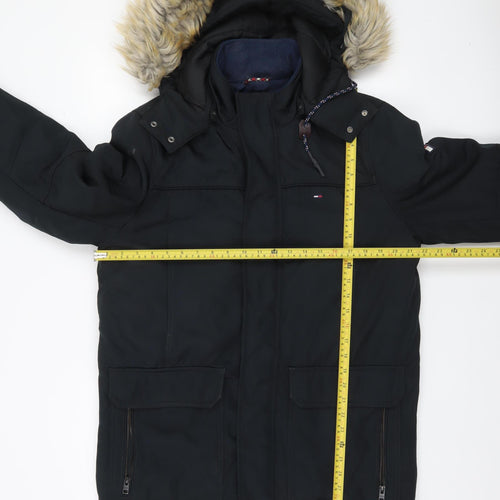 Tommy Hilfiger Men's Black Parka Jacket M Hooded Faux Fur Trim Winter Coat