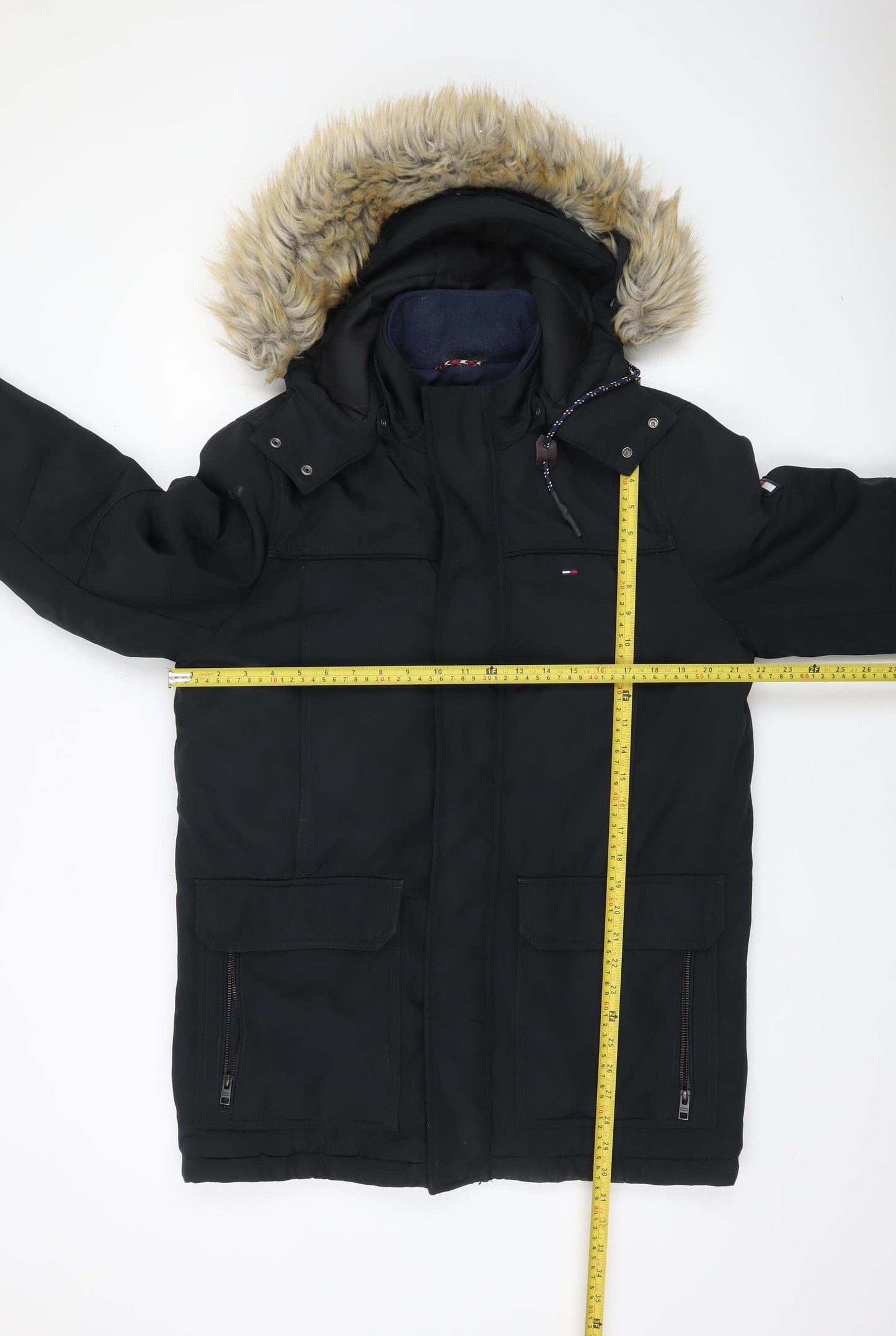 Tommy Hilfiger Men's Black Parka Jacket M Hooded Faux Fur Trim Winter Coat