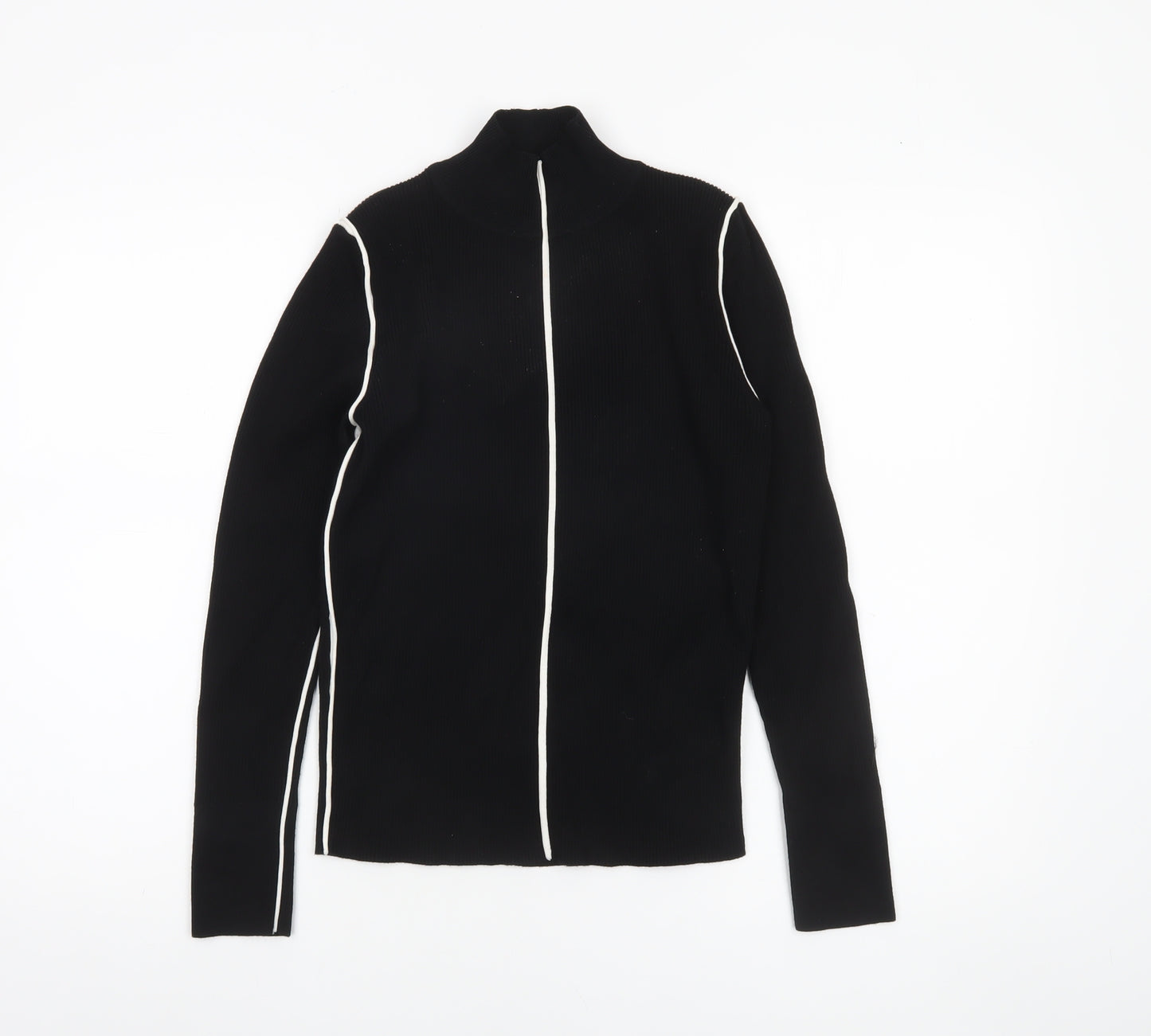 Zara Women Black High Neck Full Zip Knit Jumper Size 14