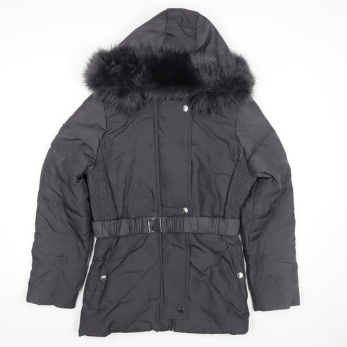 Jasper Conran Women's Black Size 16 Belted Puffer Coat with Fur Hood