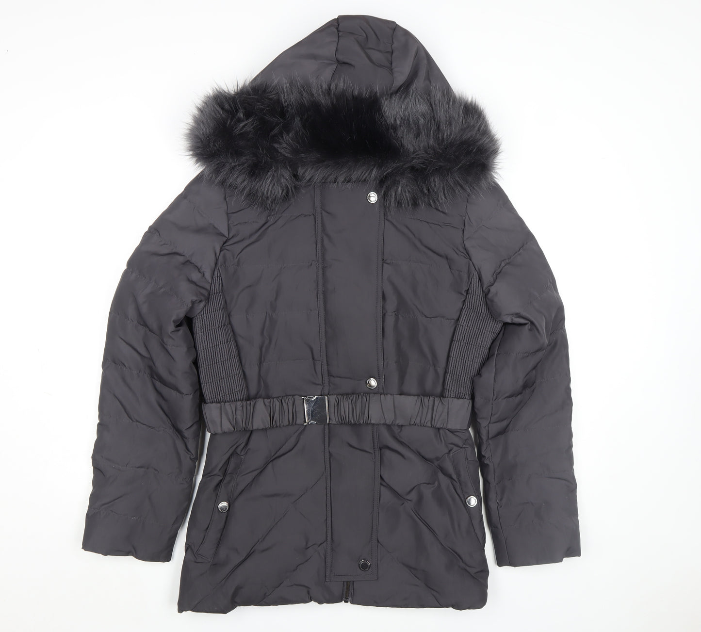 Jasper Conran Women's Black Size 16 Belted Puffer Coat with Fur Hood