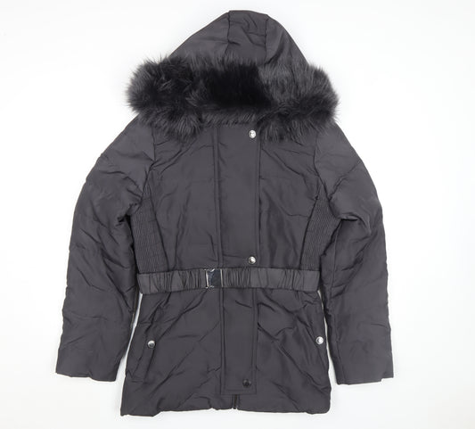 Jasper Conran Women's Black Size 16 Belted Puffer Coat with Fur Hood