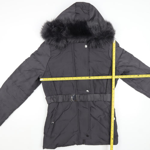 Jasper Conran Women's Black Size 16 Belted Puffer Coat with Fur Hood