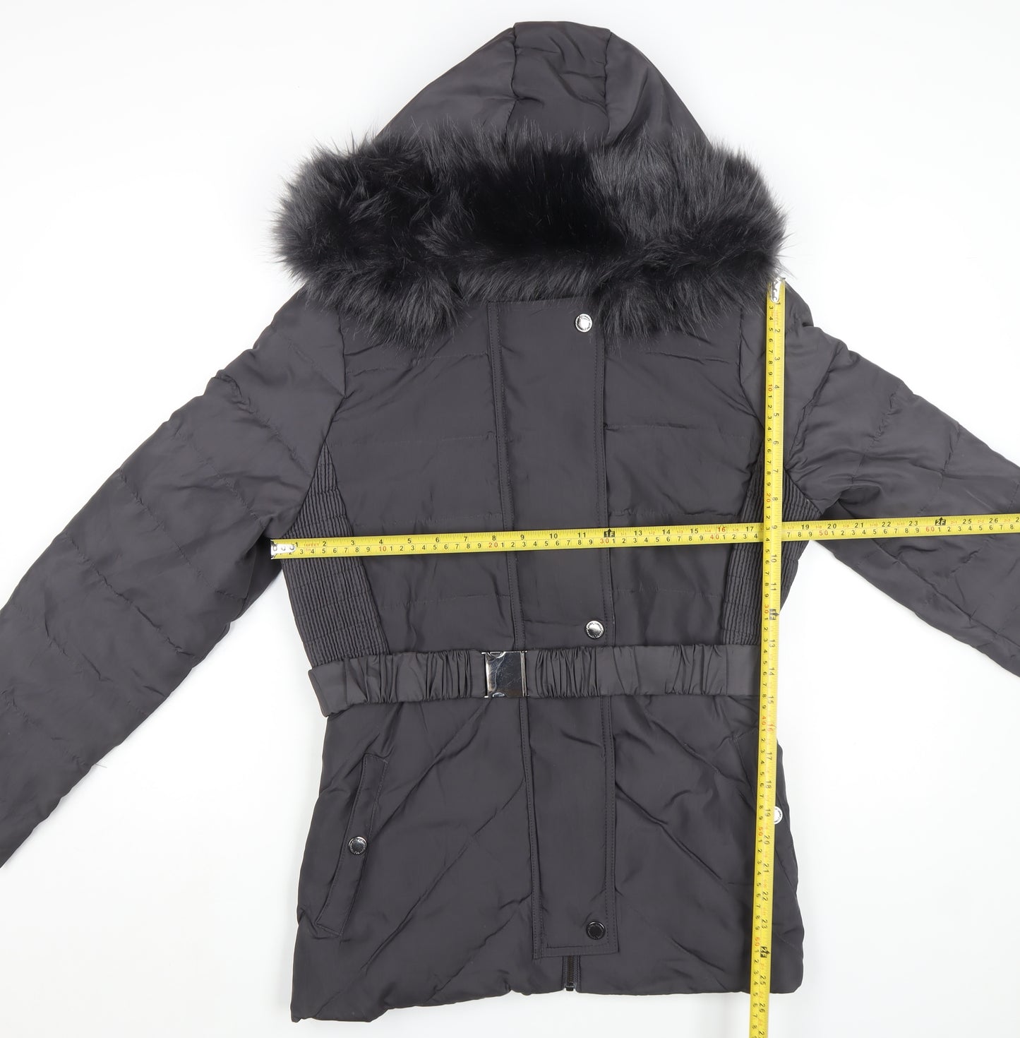 Jasper Conran Women's Black Size 16 Belted Puffer Coat with Fur Hood