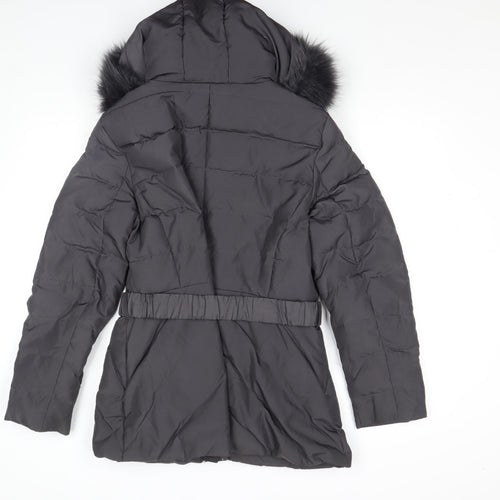 Jasper Conran Women's Black Size 16 Belted Puffer Coat with Fur Hood