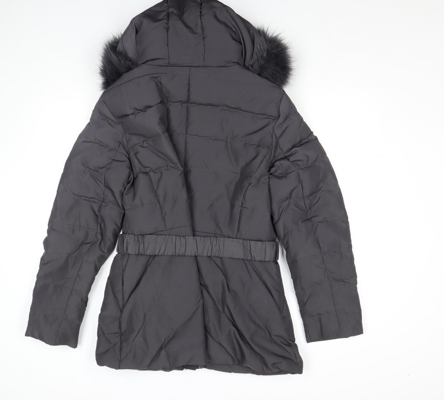 Jasper Conran Women's Black Size 16 Belted Puffer Coat with Fur Hood