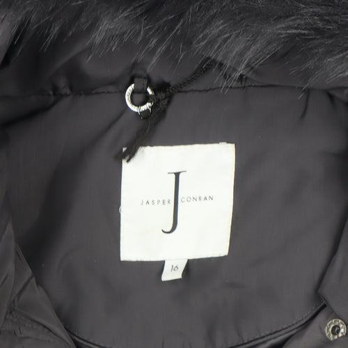 Jasper Conran Women's Black Size 16 Belted Puffer Coat with Fur Hood