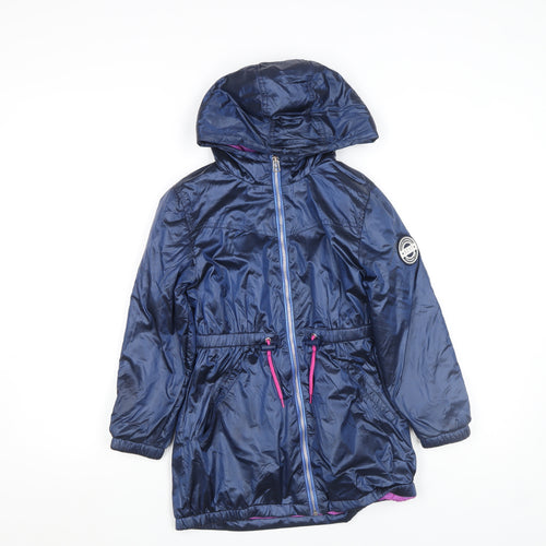 Next Girls Blue Hooded Parka Coat 7 Years Full Zip Lined Elastic Waist