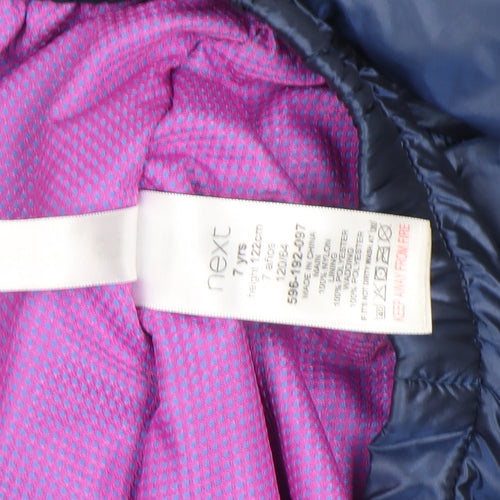 Next Girls Blue Hooded Parka Coat 7 Years Full Zip Lined Elastic Waist