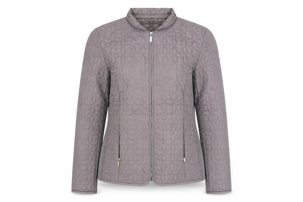 Front view of VIZ A VIZ women’s grey quilted full zip jacket, size M