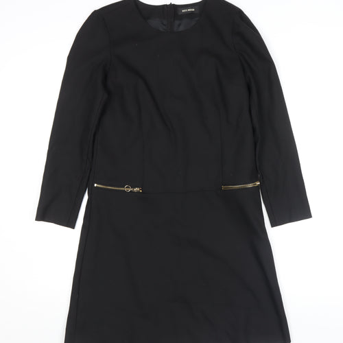 MOS MOSH Women's Black Knee Length Shift Dress Size M Long Sleeve Zip Detail
